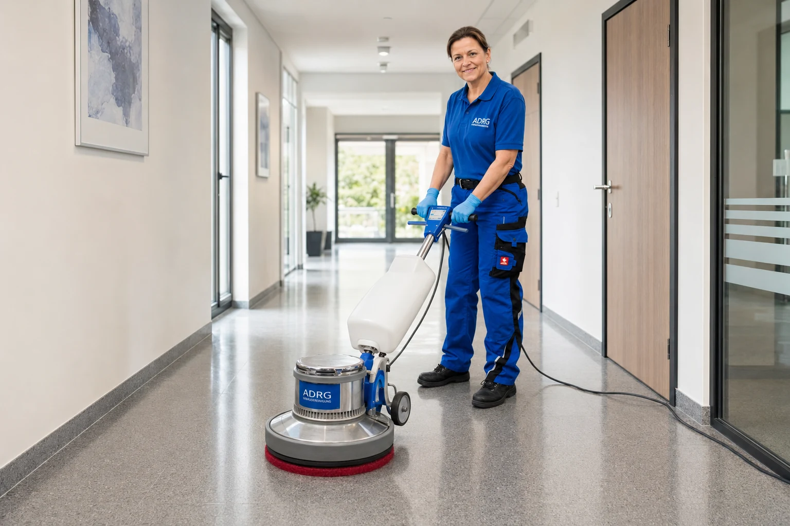 ADRG Mitarbeiterin poliert den Boden eines Klinikflurs